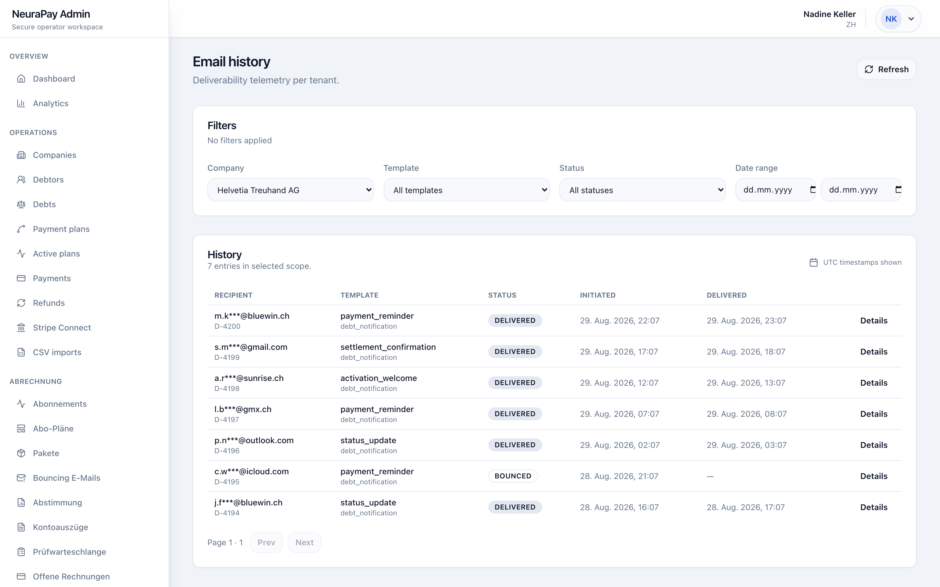 Admin Panel — Kommunikations-Timeline