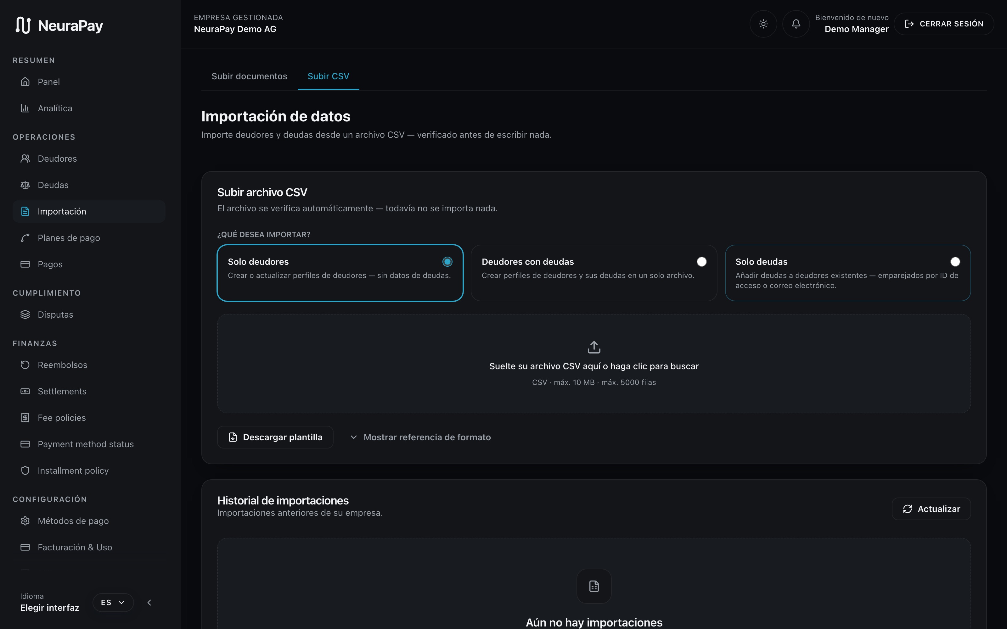 Dashboard Cliente — Importación & sincronización ERP